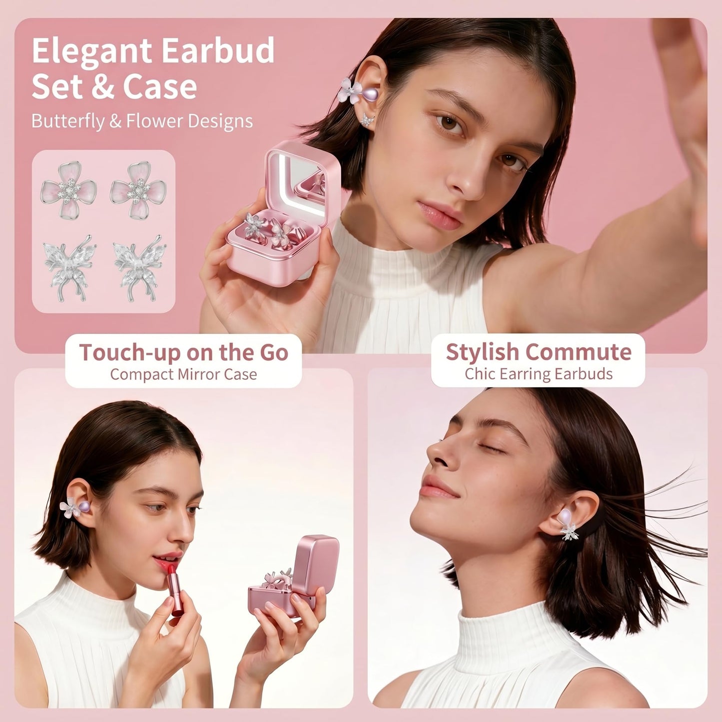 Wireless Earbuds with LED Makeup Mirror Case, Bluetooth 6.0 Open Ear Clip-On Headphones, Cute Pink Air Conduction Earphones for Women, Low Latency