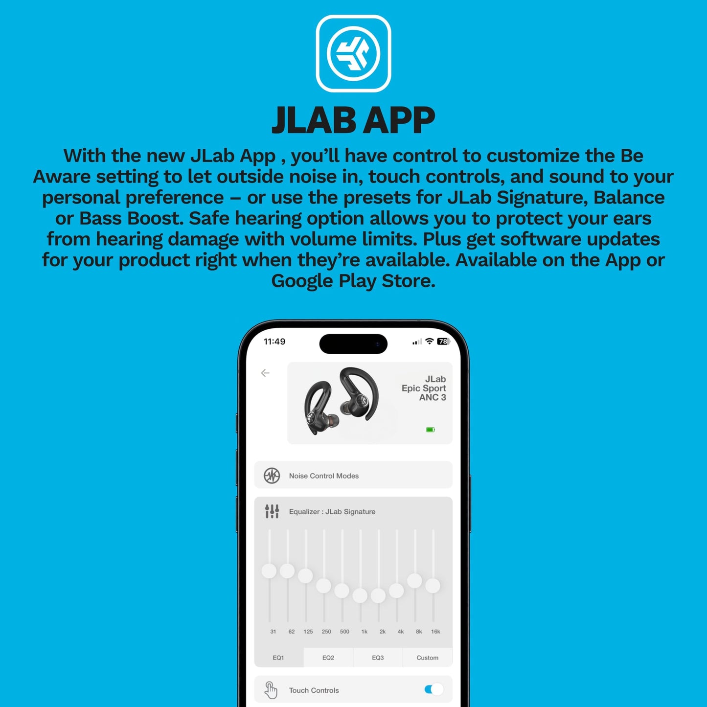 JLab, Epic Air Sport ANC 3, True Wireless Earbuds, Active Noise Cancelling, Bluetooth, Sport, Black