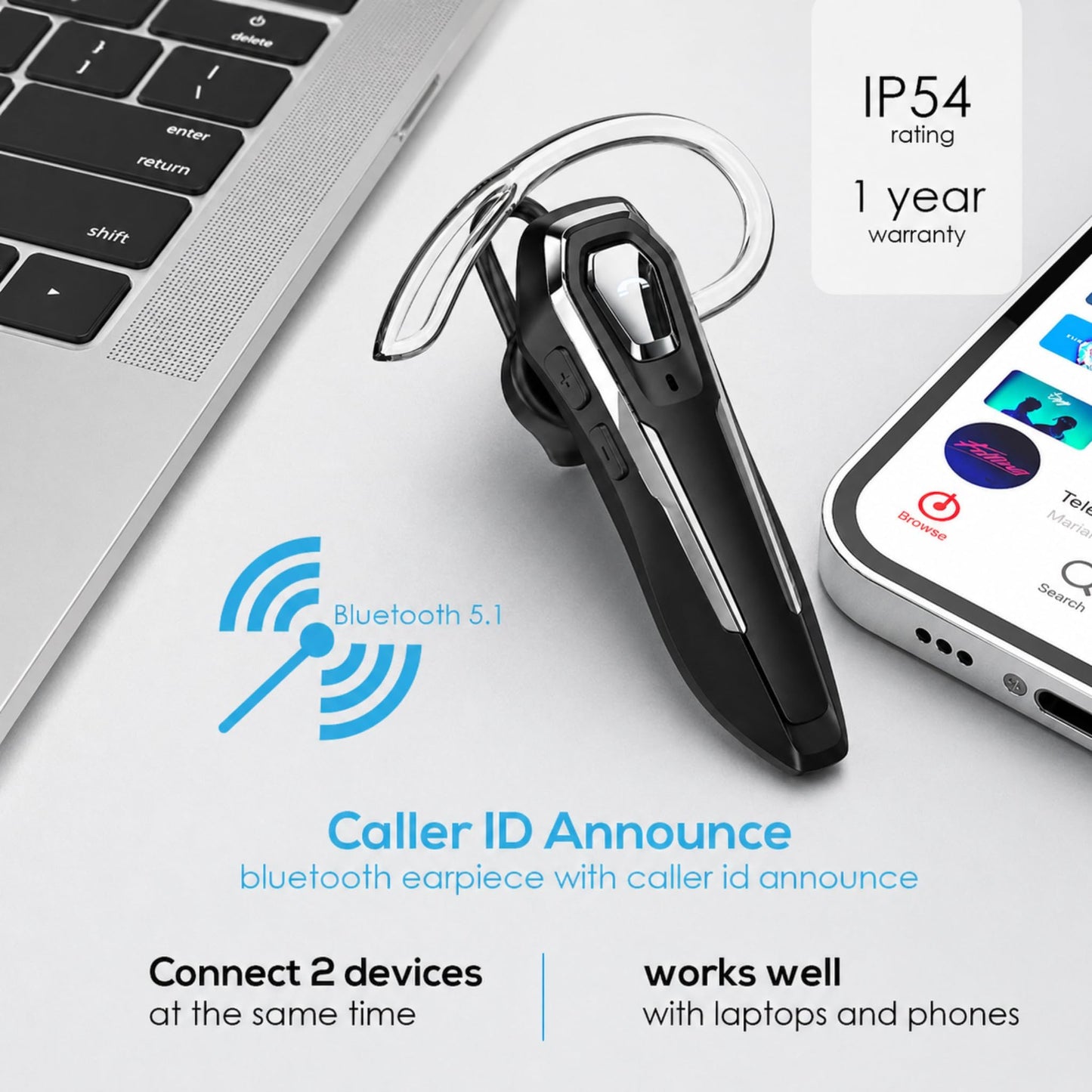 Sellwell Sliver Bluetooth Earpiece with Mic, Mono Wireless Headset, 30H Call Time, Dual MEMS Mics, Mute Button, USB-C Charging, Voice Assistant