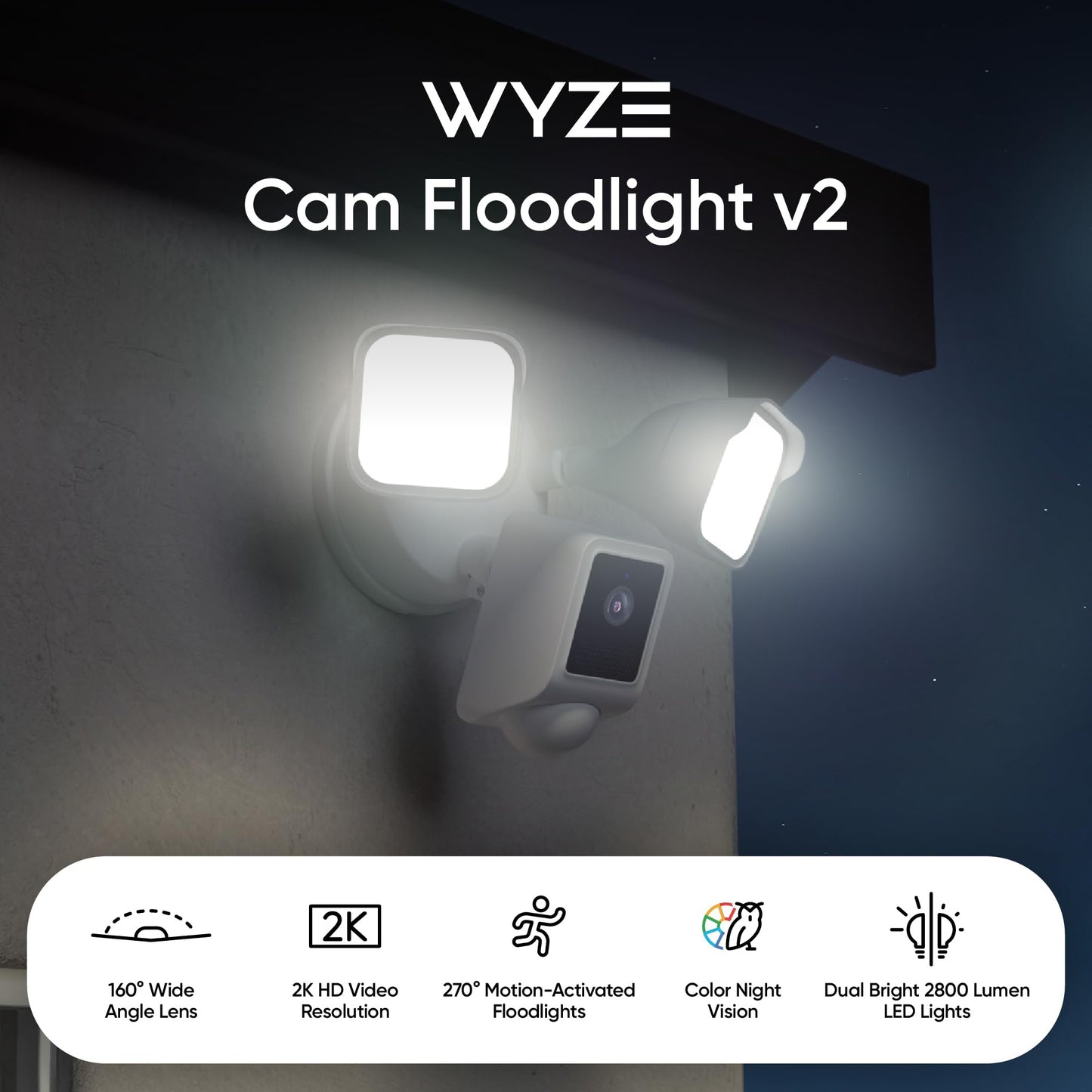 WYZE Floodlight Camera v2, Security Camera Outdoor, 2K HD with Color Night Vision, 2800-Lumen LEDs, 160° Wide View, 105dB Siren, Works with Alexa