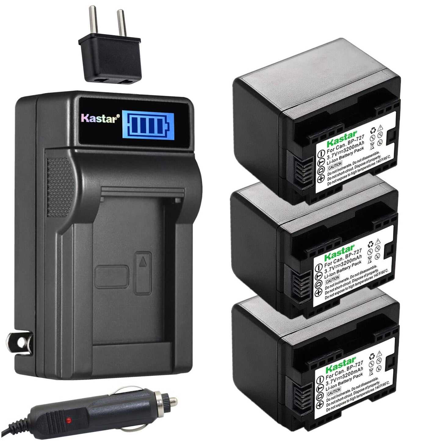 Kastar 3-Pack BP-727 Battery and LCD AC Charger Compatible with Canon VIXIA HF R80 HFR80, LEGRIA HF M66 HFM66, LEGRIA HF M68 HFM68, LEGRIA HF M76