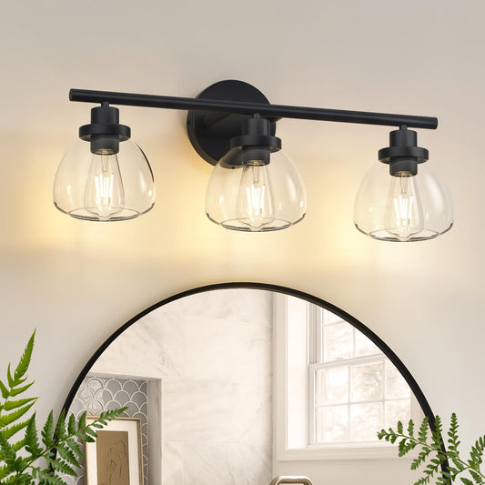 Smplhavn 2025 Upgraded 3-Light Bathroom Light Fixtures, 25 Inch Black Modern Vanity Lights with Clear Glass Shade, Bathroom Wall Lamp over Mirror