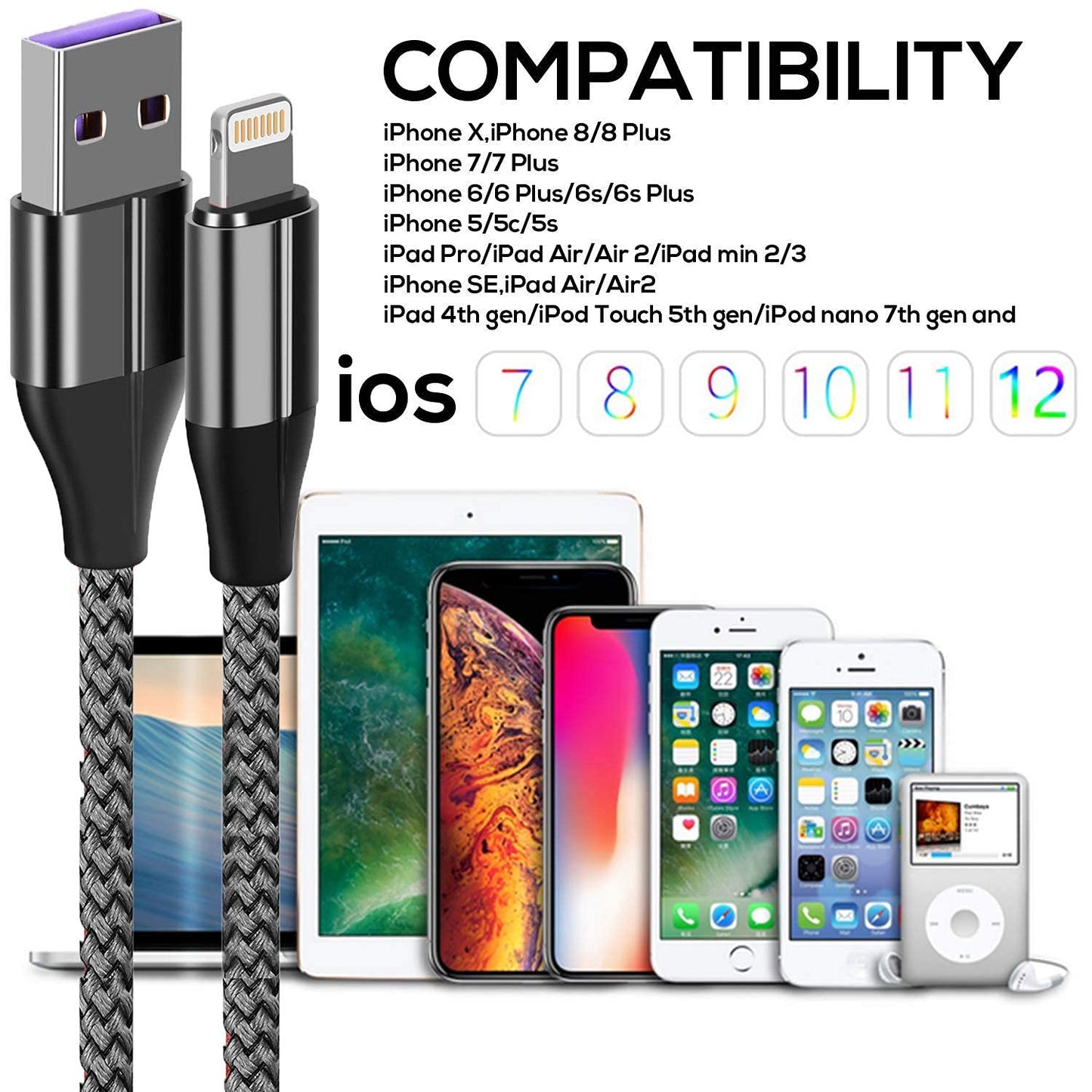 iPhone Charger Lightning Cable (3 Pack 10 Foot), [MFi Certified] 10 Feet Nylon Braided, Compatible with iPhone 14/13/12/11/Pro/X/Xs Max/XR/8 Plus /7…