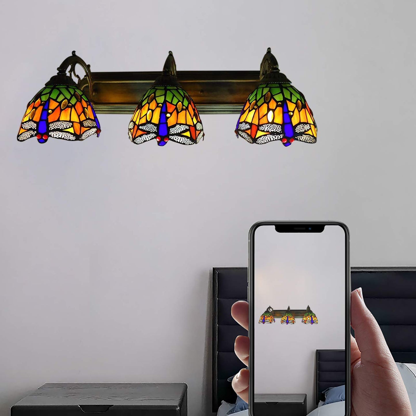 Tiardocge Tiffany Style Wall Mount Lamp, 3-Light Dragonfly Wall Sconce Lamp, Baroque Wall Lamp, Stained Glass Vintage Antique Light for Bedroom Living