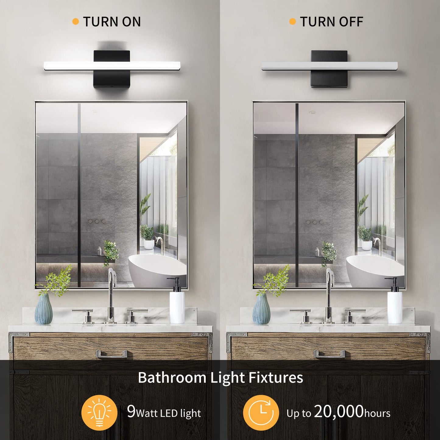 kinyota Modern LED Vanity Lights for Bathroom 16IN 9W Daylight White Black Bathroom Light Fixtures Lights Over Mirror Vanity Lighting Fixtures Vanity