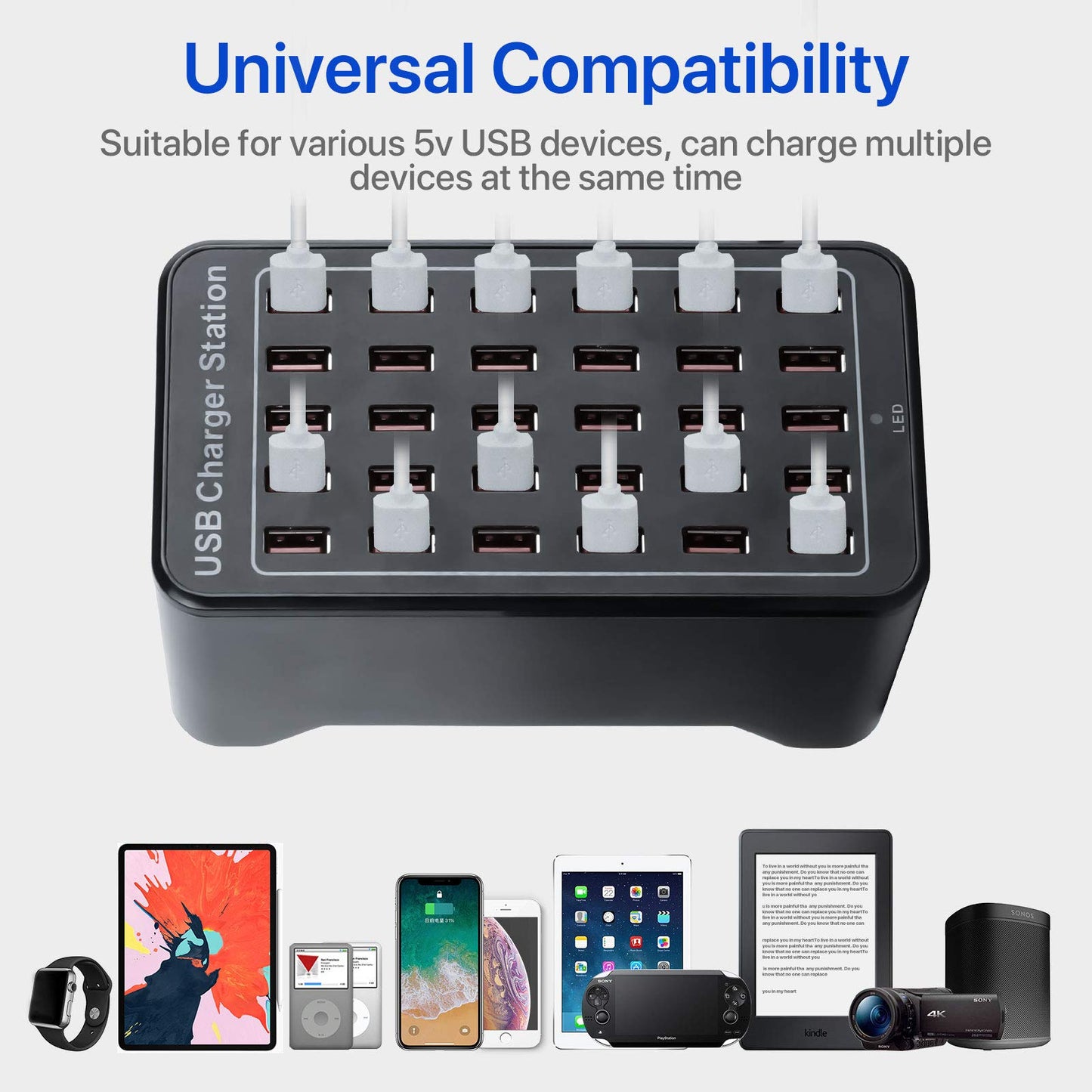 30-Port Charger, USB Charger Station, USB Fast Charger, Smart Charging Recognition, Suitable for Travel, Family Gatherings, Schools, Shopping malls