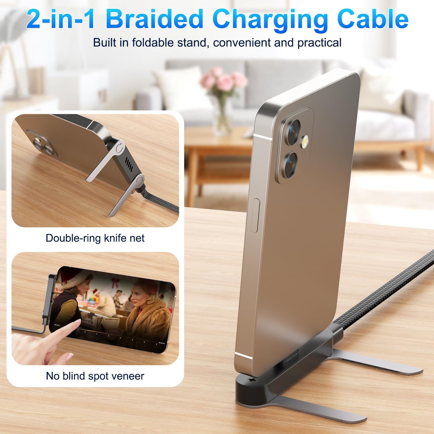 240W Braided Fast Charge Cable with Built-in Phone Stand, 2026 New Invisible Stand Charging Cable, 4.92ft T-shaped Foldable Furable USB-C Cord 90