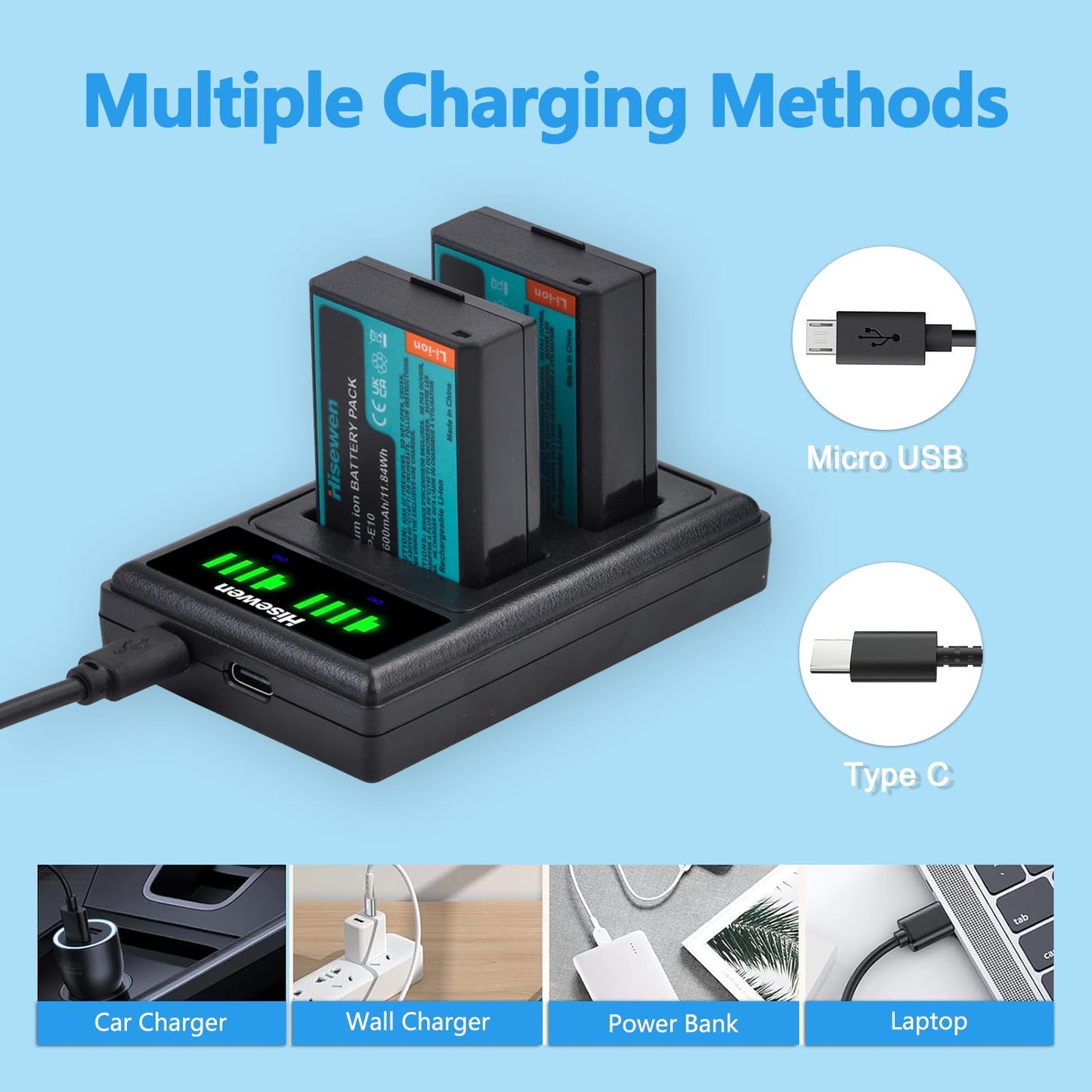 Hisewen LP-E10 Battery 2 Pack 1600 mAh and Dual Charger for Canon EOS Rebel T7 T6 T5 T3 T100 Kiss X90 X80 X70 X50 1100D 1200D 1300D 1500D 2000D 3000D