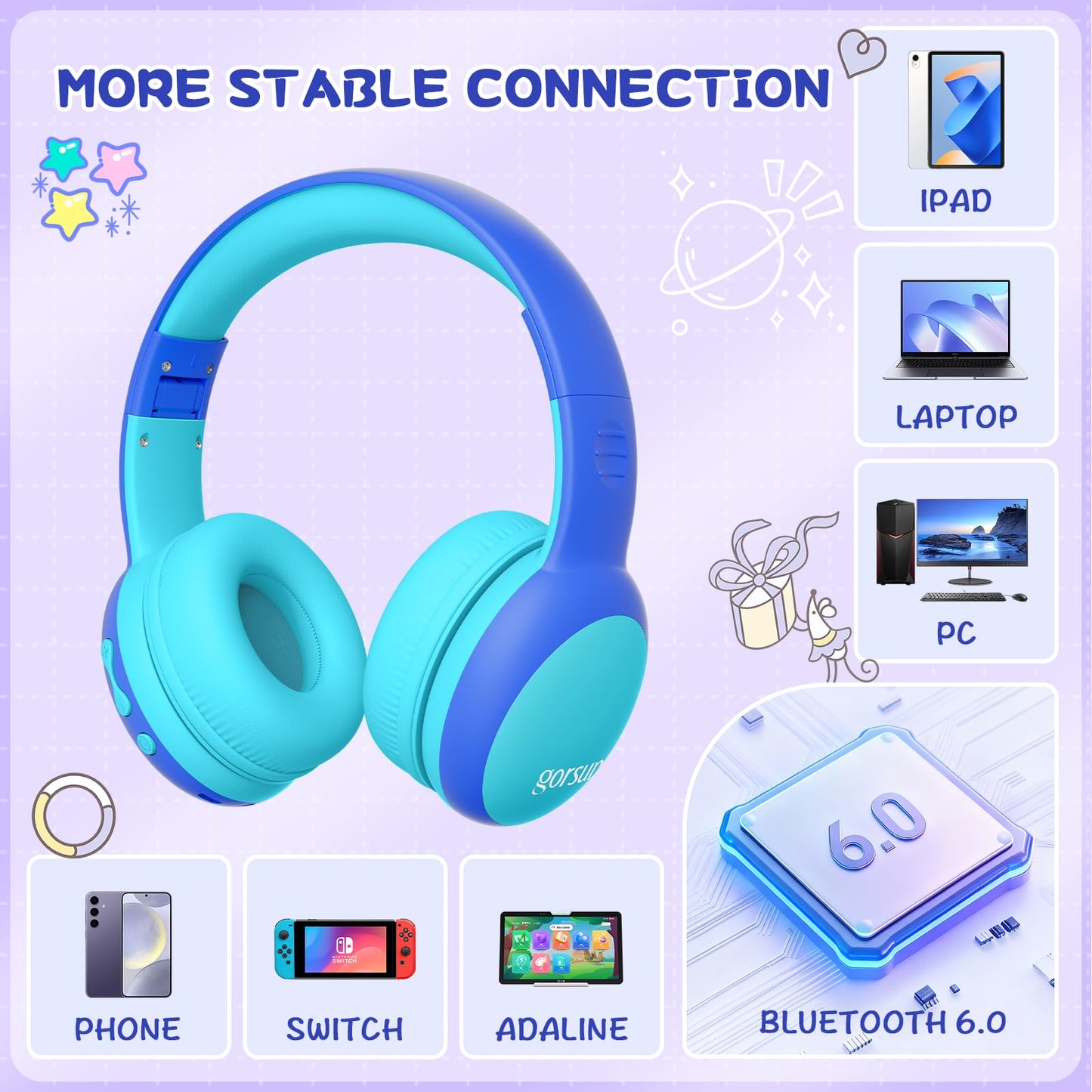 gorsun Kids Bluetooth Headphones, Over-Ear Toddler Headphones with Microphone, 85dB/94dB Volume Limited, 68H Playtime, Bluetooth 6.0, Portable Kids…