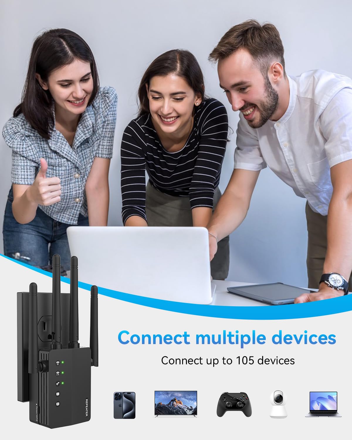 WiFi Extender Signal Booster, Dual Band 2.4/5.8G WiFi Extender - 1200Mbps, 12880 Sq Ft Coverage, 105 Devices & 1-Tap Setup for Home Use
