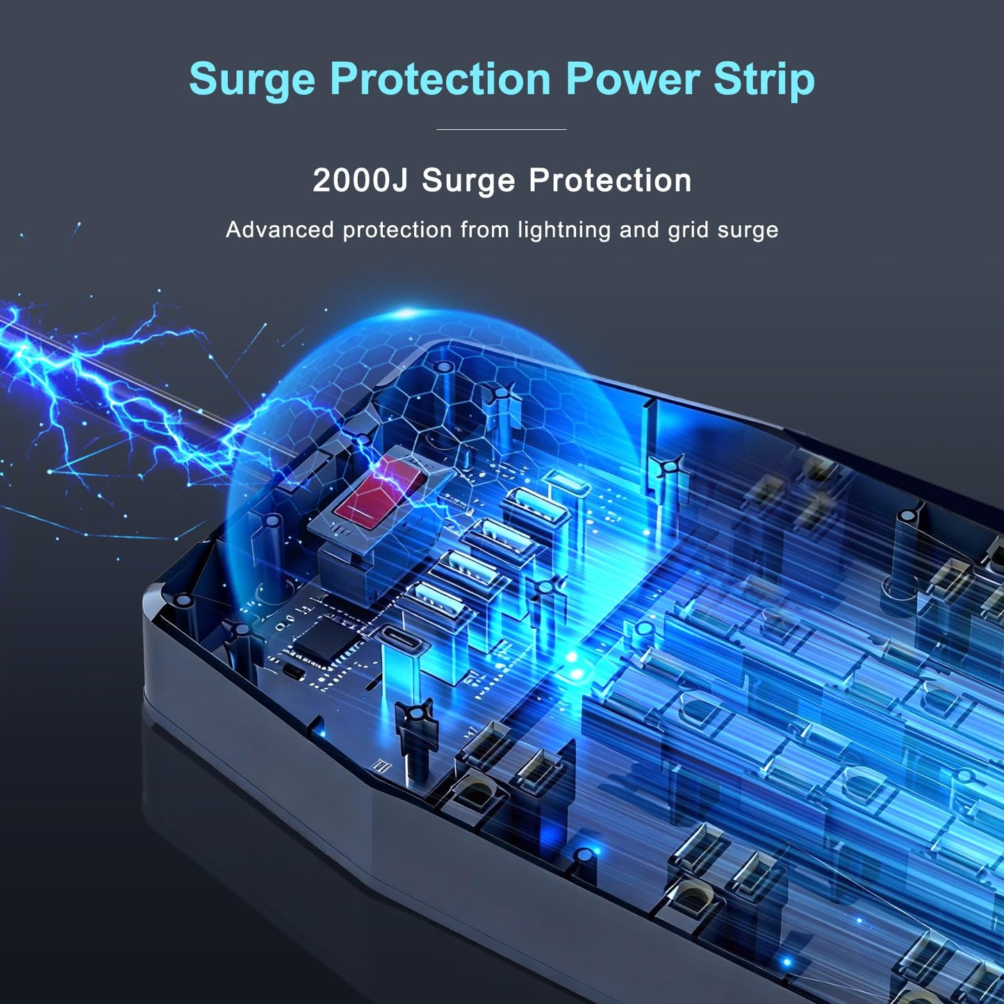 ZHANGONG Surge Protector Power Strip with 20 AC Outlets, 6 USB Ports (2 USB C), 1875W/15A, 2000J, 6.5FT Flat Plug Heavy Duty Extension Cord with 2