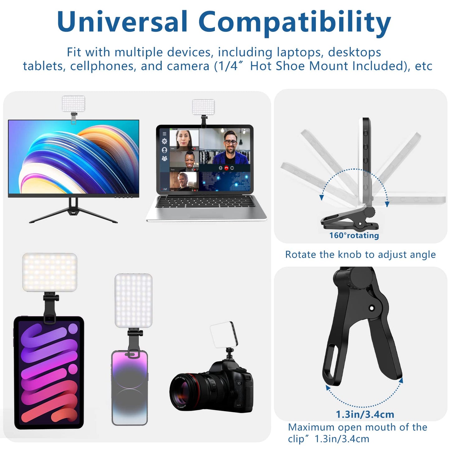ALTSON 60 LED Portable Selfie Light Video Conference Lighting with Clip & Camera Tripod Adapter Rechargeable 2200mAh CRI 97+, 3 Light Modes for Phone