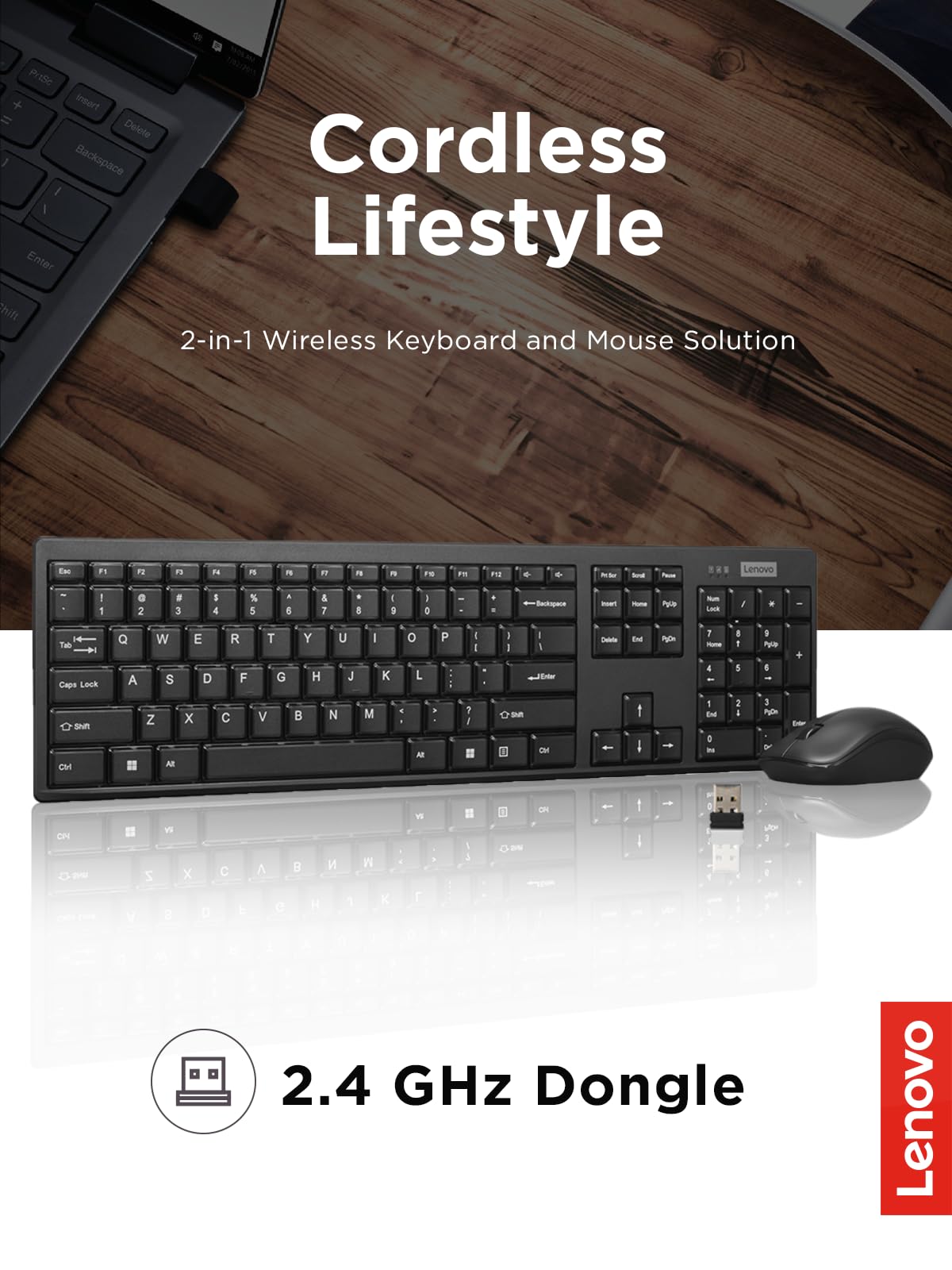 Lenovo 100 Wireless Keyboard and Mouse Combo - Cordless Set with Spill Resistant Quiet Keys - 3-Zone Keyboard - Ambidextrous Mouse - Compact Design
