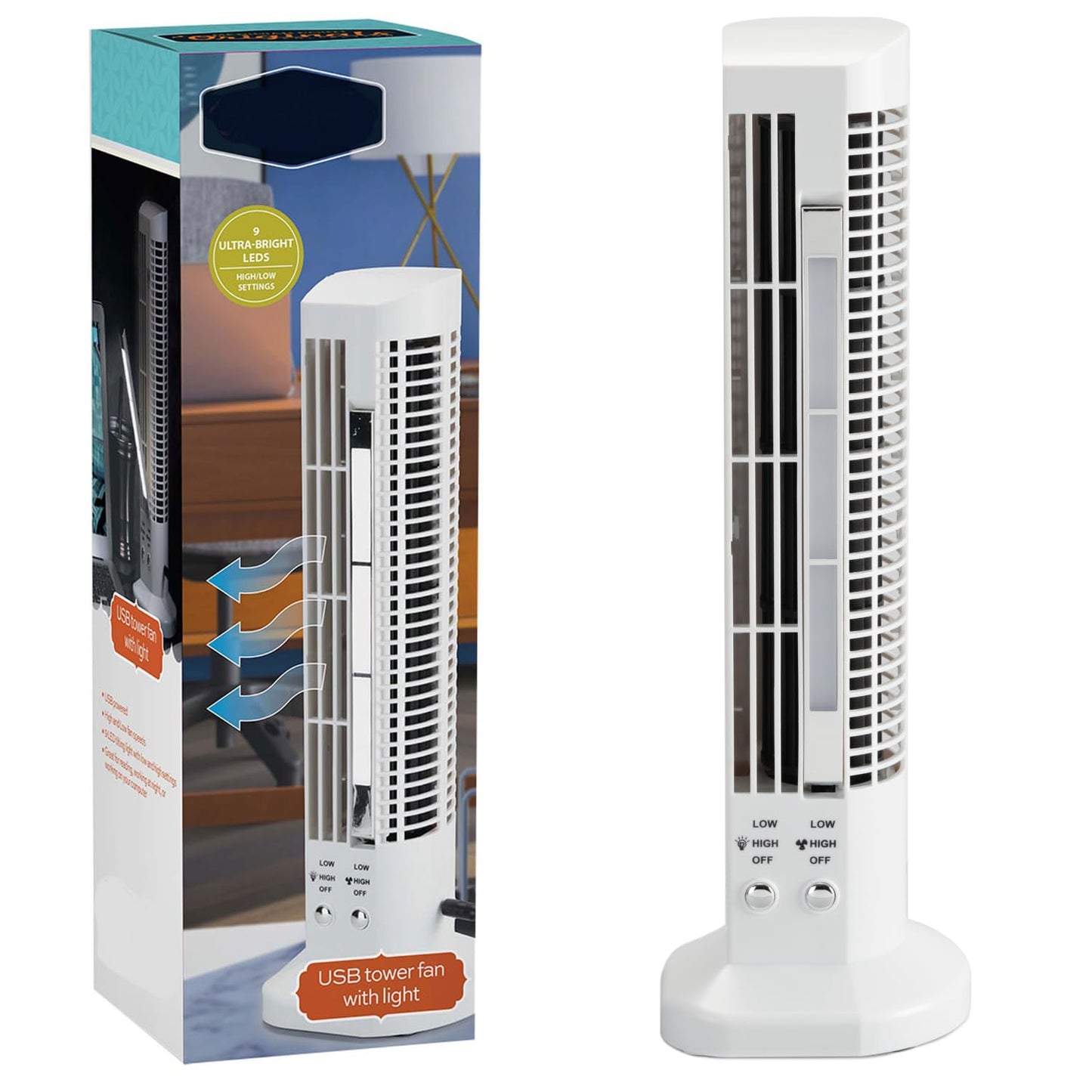 Tabletop Desktop USB Powered Fan, Dual Speed Control, Tilting LED Light