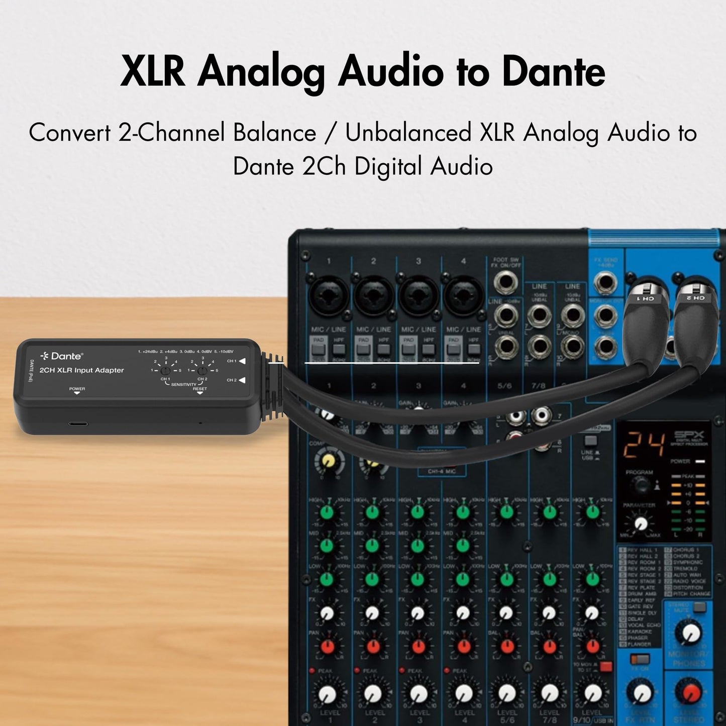 J-Tech Digital 2-Channel XLR to Dante Audio Input Adapter, Balanced/Unbalanced Analog to Digital Audio Converter Adapter, PoE & USB-C Power