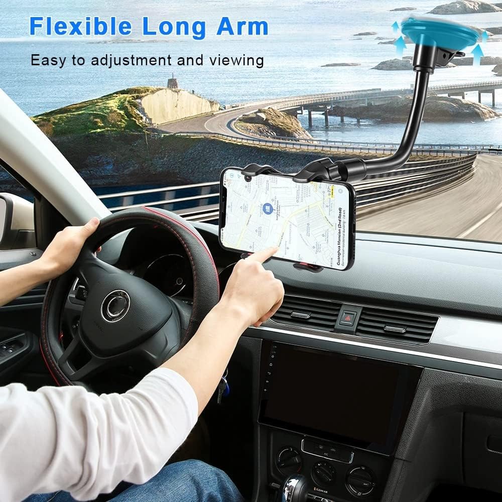 YZtree Phone Holders for Your Car: Windshield Phone Mount with Long Arm, 360° Rotation Strong Suction Cell Phone Car Mount, Anti-Shake Stabilizer
