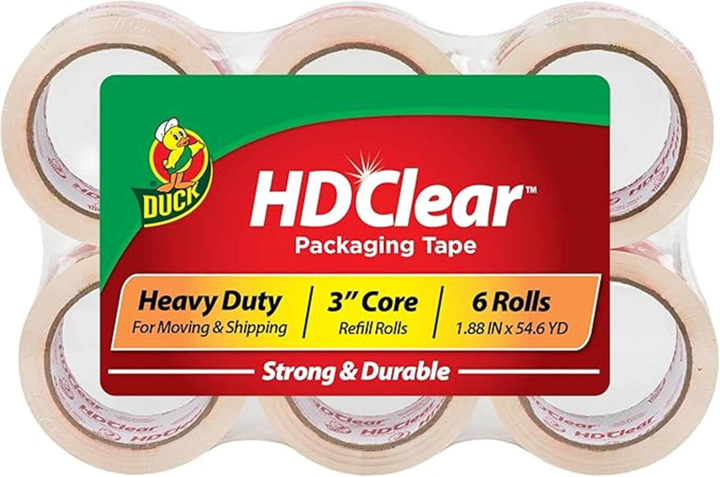 Duck HD Clear Packing Tape Refills - 6 Rolls of Heavy Duty Shipping and Moving Packing Tape - Clear Strong Packaging Tape for Boxes, Packing