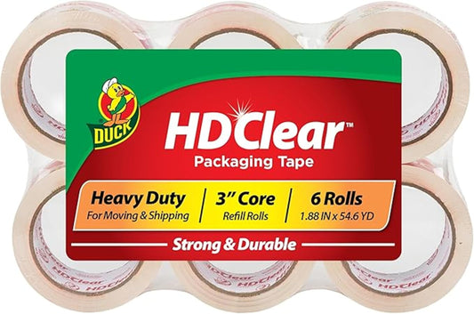 Duck HD Clear Packing Tape Refills - 6 Rolls of Heavy Duty Shipping and Moving Packing Tape - Clear Strong Packaging Tape for Boxes, Packing