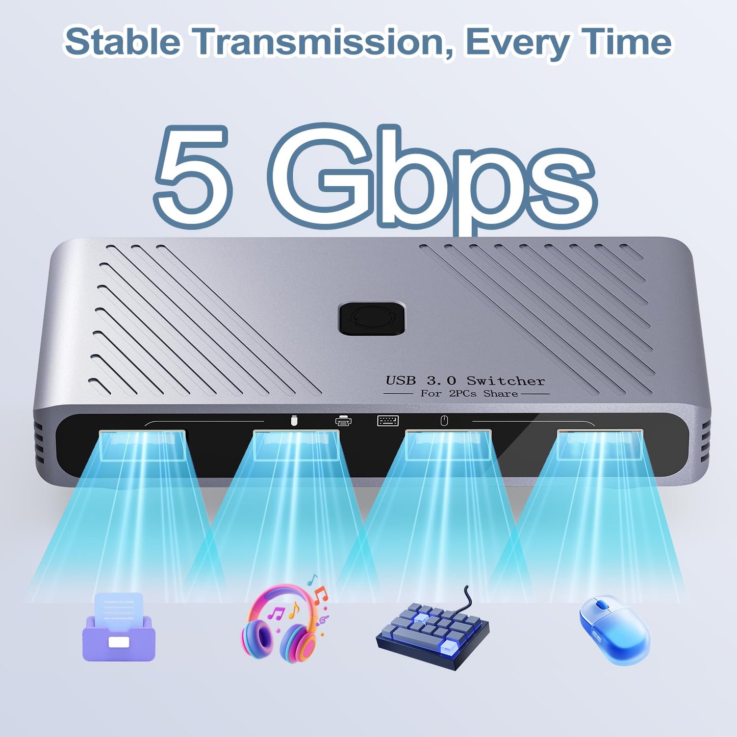 USB 3.0 Switch, 2 Computers Sharing 4 USB Devices, One-Button Switcher for Keyboard Mouse Printer Scanner, USB Peripheral Sharing Hub for PC Laptop