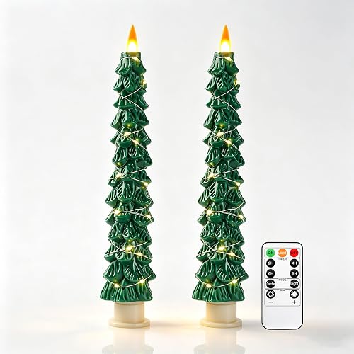 Christmas Tree Candles Surrounded by Fairy Lights, LED flameless Candle Lights with Remote Control Timing Function. Green