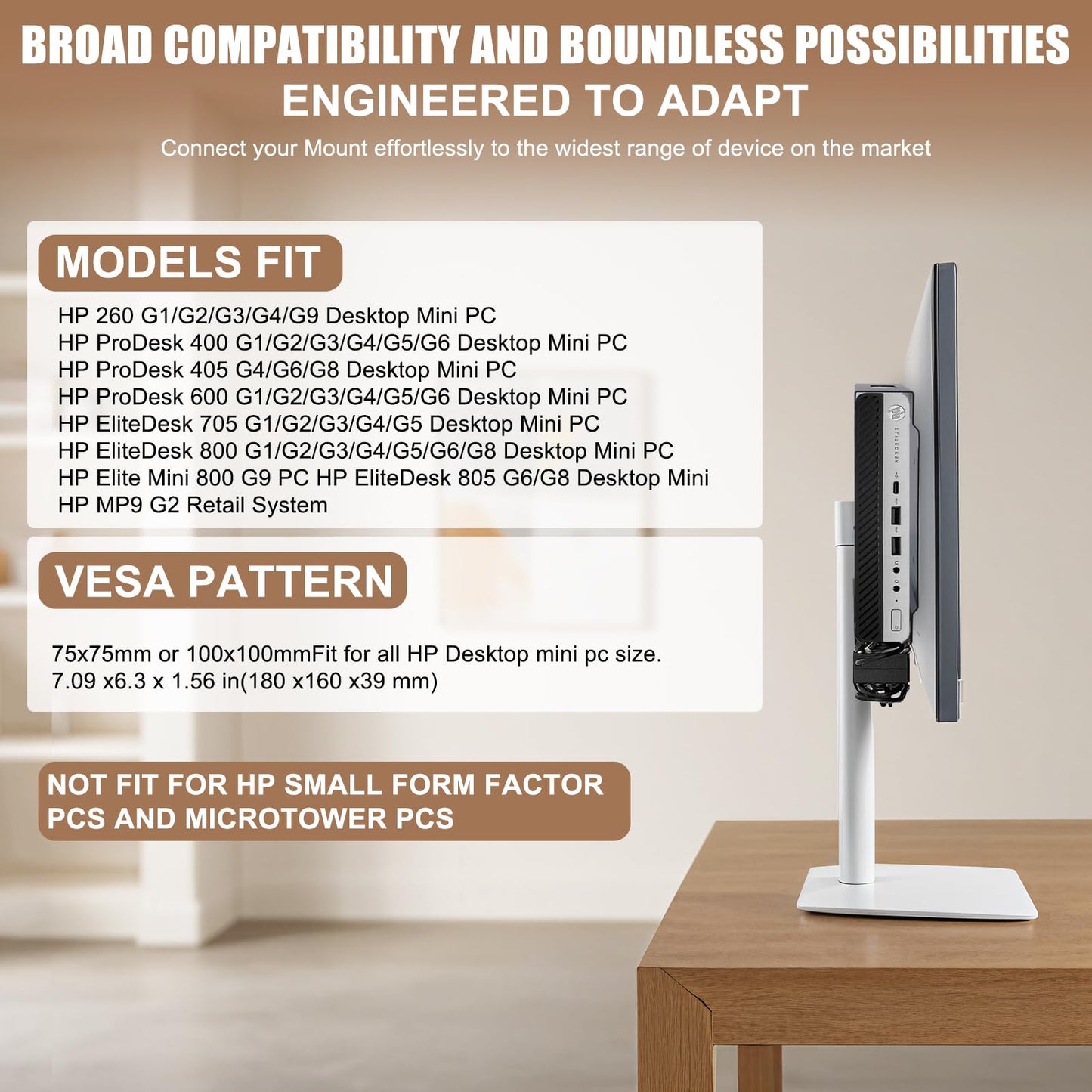 Wall VESA and Under Desk Mount for HP Mini PC, Mount for HP EliteDesk, Pro Mini, ProDesk, Replaces for Desktop Mini Dual VESA Sleeve V3,Support