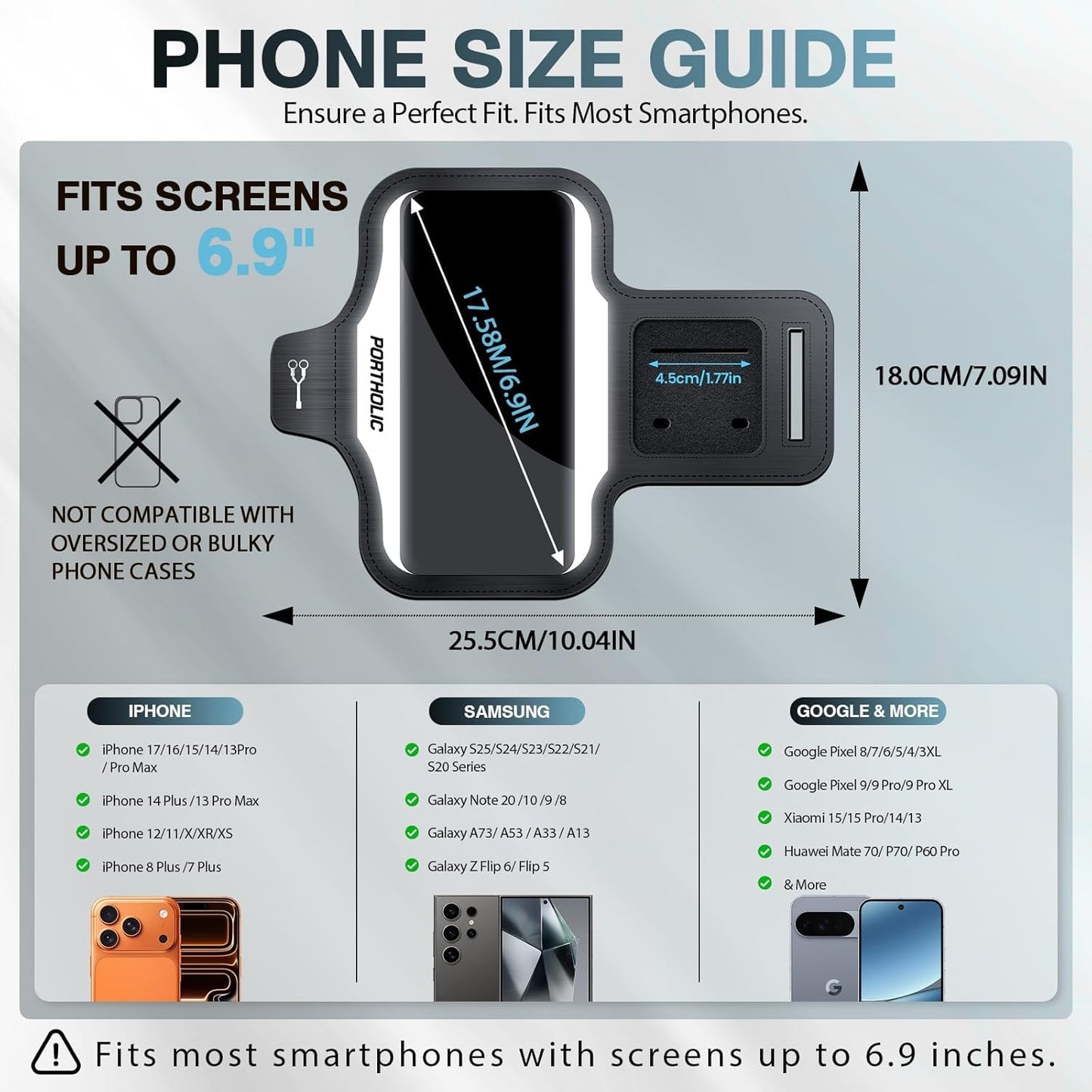 PORTHOLIC 2025 Running Armband Water Resistant Sports Phone Holder Case with Extension Strap, Key Card Slot Up to 6.9" Phone for iPhone 17/16/15/14/13