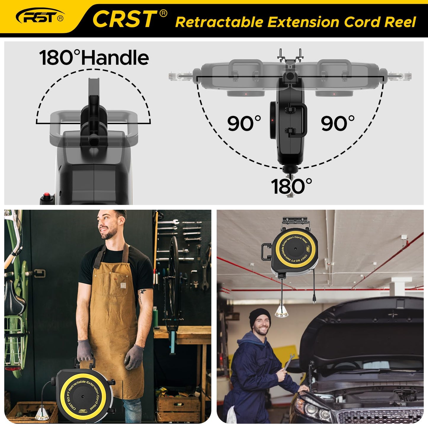 CRST 50 FT Retractable Extension Cord Reel, 14AWG/3C SJTOW Heavy Duty Power Cord with 3 Grounded Outlets Lighted Triple Tap, 13A Circuit Breaker, 180°