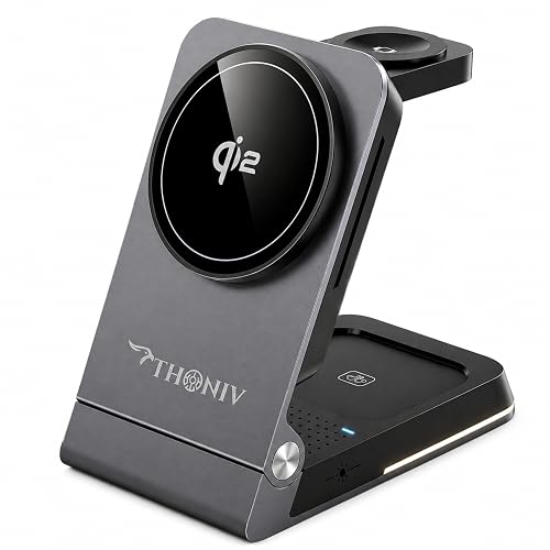 THONIV- Qi2 3-in-1 Magnetic Wireless Charging Station, Foldable 15W Fast Charger for iPhone 12-17 Series, Apple Watch and Wireless Earbuds, Portable
