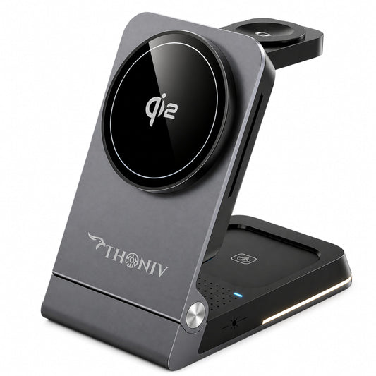 THONIV- Qi2 3-in-1 Magnetic Wireless Charging Station, Foldable 15W Fast Charger for iPhone 12-17 Series, Apple Watch and Wireless Earbuds, Portable
