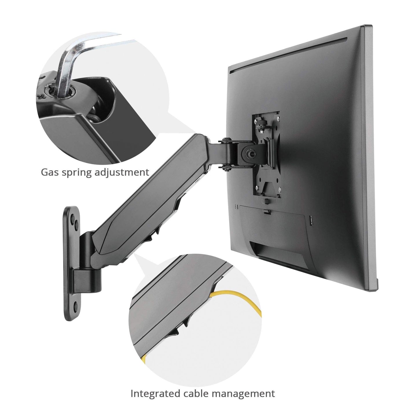 SIIG Aluminum Gas Spring Full Motion Ergonomic Single Arm Monitor Wall Mount - Heavy Duty Holds 17" to 32" Screen, up to 19.8 lbs - Single VESA