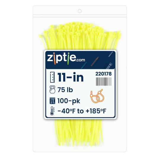 ZipTie.com 11-Inch Fluorescent Yellow Nylon Multi-Purpose Zip Ties - 75-lb Tensile Strength Cord Management - UL 21S Listed Tie Wraps - Indoor