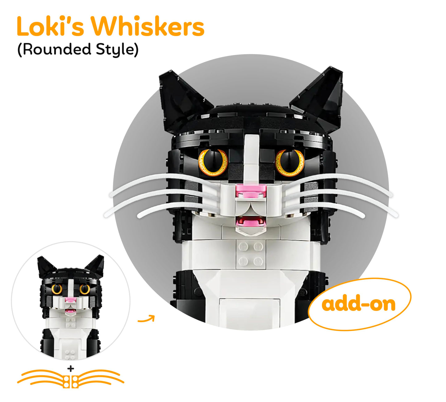 Loki's Whiskers for Lego Ideas 21349 Tuxedo Cat – 6-Pack Snap-In Whisker Accessory (3 Sets), Compatible with 21349, Cat Not Included