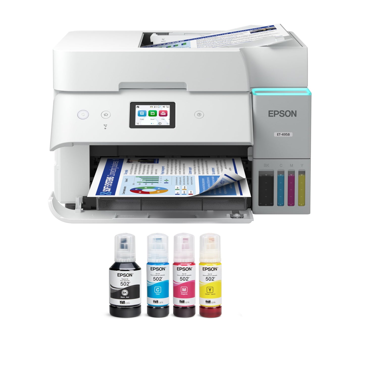 Epson EcoTank ET-4958 Wireless All-in-One Color Supertank Printer with up to 3 Years of Ink, Refillable Tanks, Perfect for Office, 18 PPM, 2.4" Color