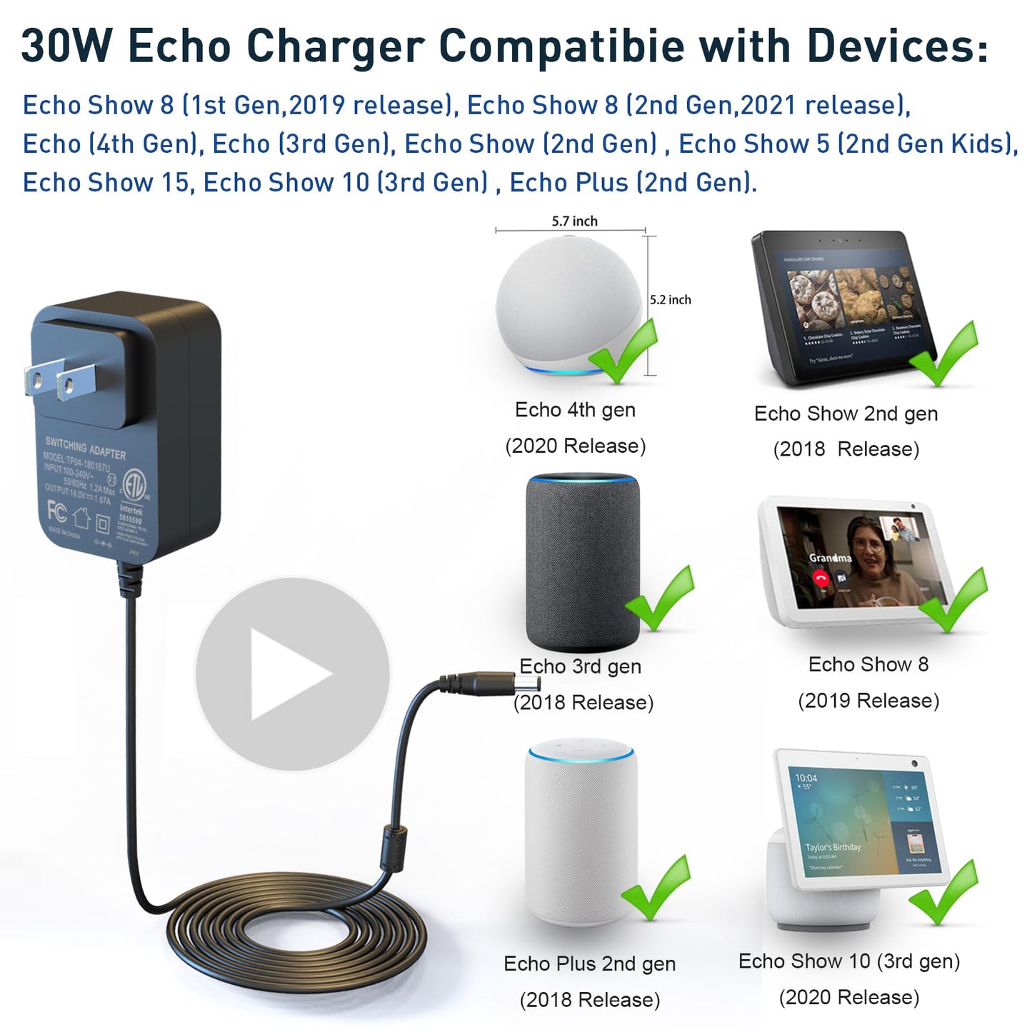 HY1C 30W Power Adapter for Amazon Alexa Echo (3rd 4th Gen), Echo Show 8 (1st 2nd Gen), Echo Show 10, Echo Show 15, Echo Show (2nd Gen), Echo Plus 2nd…