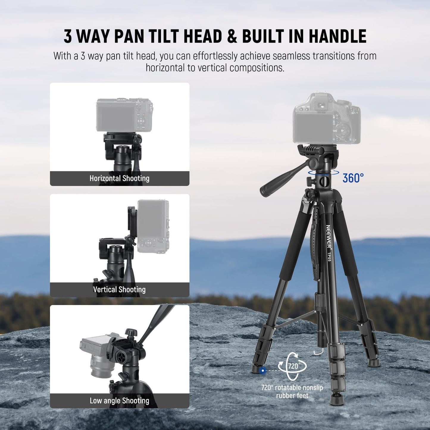 NEEWER Basics TP05 74" Video Tripod Monopod, 3 Way Pan Tilt Head Phone Holder Compatible with iPhone DSLR, Travel Recording Stand, Overhead Camera