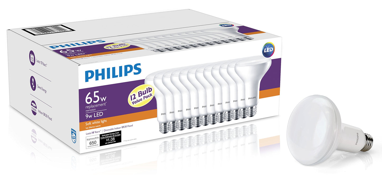 Philips 466029 65W Equivalent Soft White Dimmable BR30 Led Light Bulb12 Pack