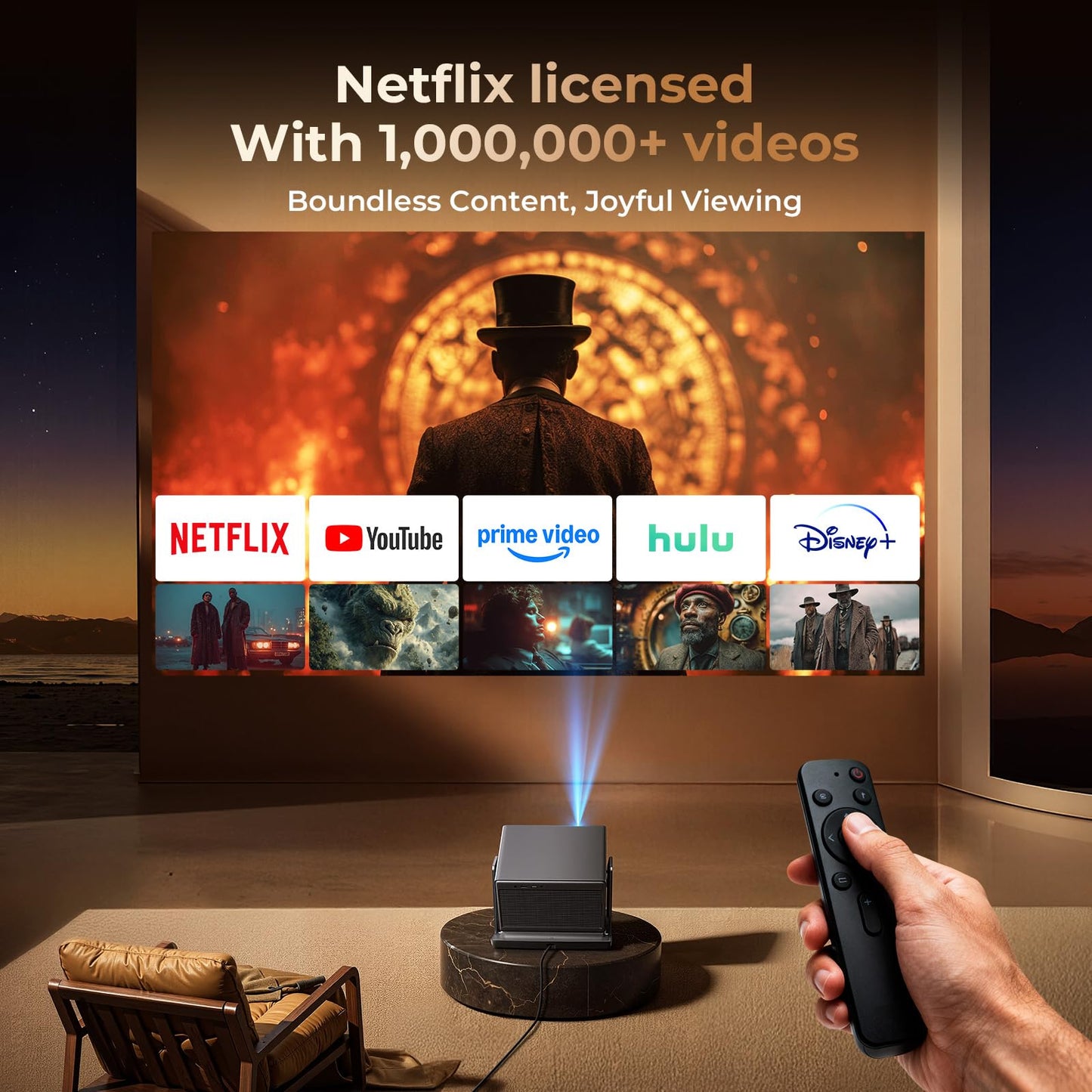 [Officially-Licensed APP & 1200 ANSI] Smart Projector with WiFi and Bluetooth, 30W Speakers, 4K Supported, Auto Focus & Keystone, Portable Native