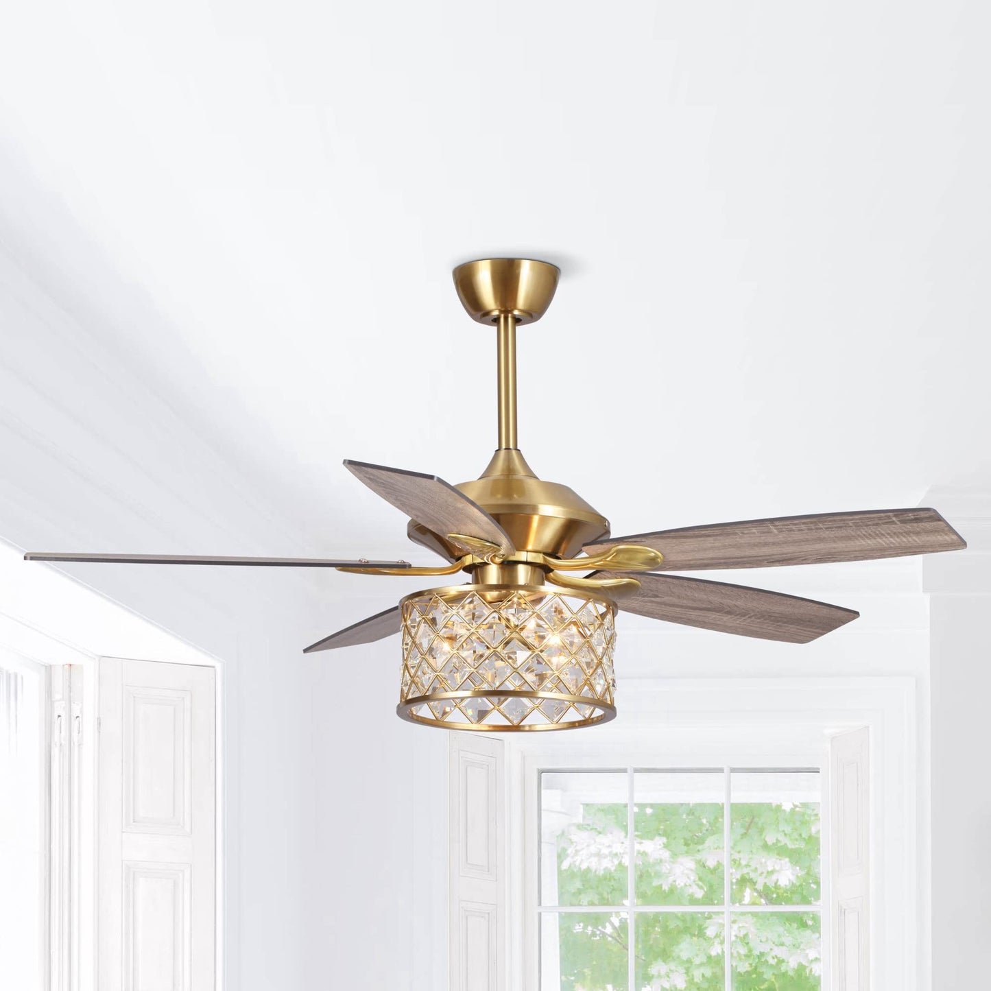 Vaczon 52'' Farmhouse Ceiling Fan with Light: Golden Caged Fandelier Style, Crystal Ceiling Fan with Remote, 6 Speeds, Reversible Motor, Noiseless