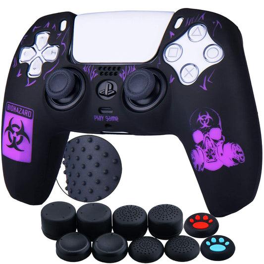 YoRHa Silicone Rubber Back Dots Carving Customizing Skin Cover for PS5 Controller x 1(BH Purple) with Pro Thumb Grips x 10