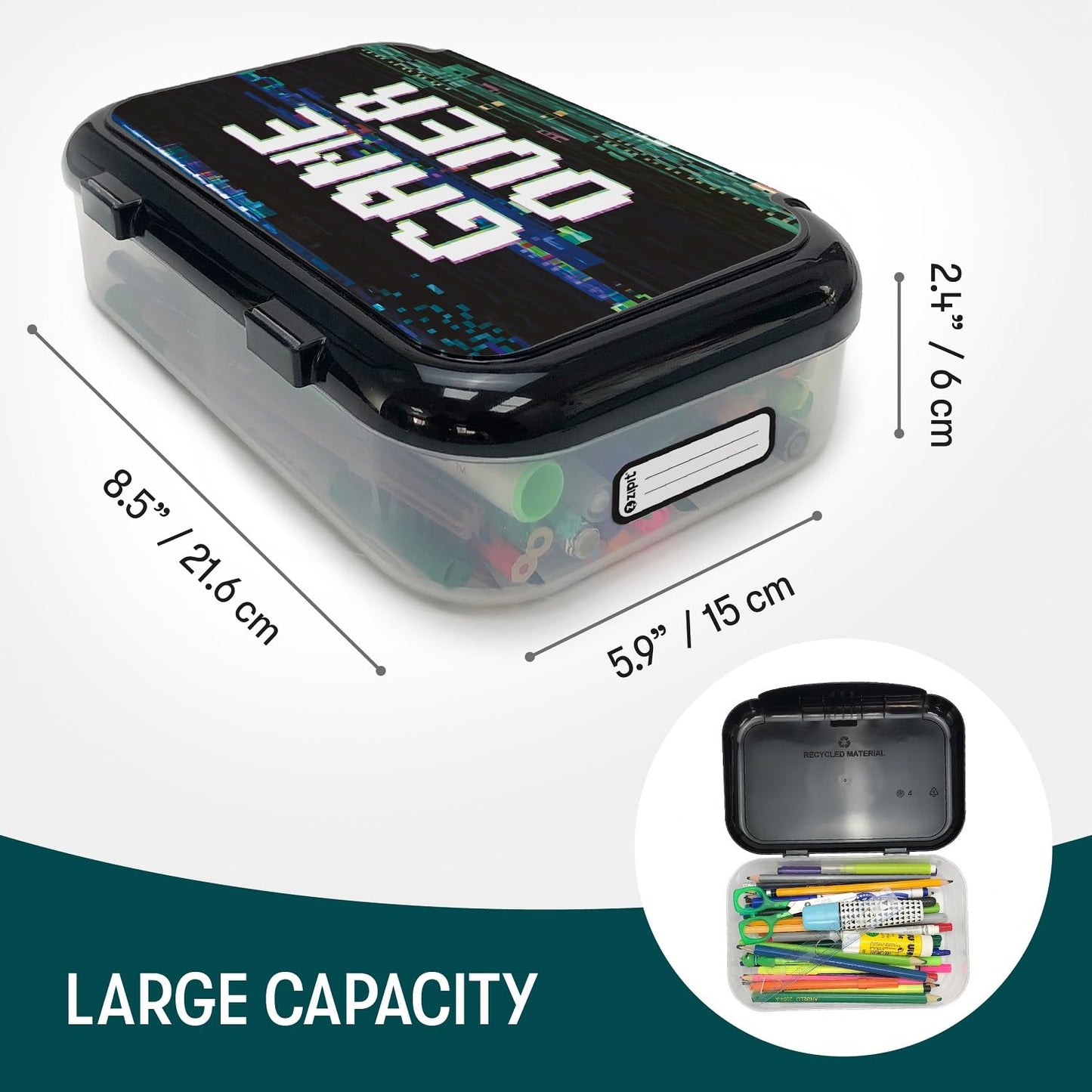 ZIPIT Recycled Plastic Pencil Box for Boys, Large Capacity Pencil Case for School, Durable Stationery Organizer Box, Gamer