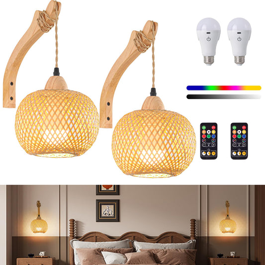 Rizzyluz Battery Operated Wall Sconces Set of 2 with Remote, Boho Bamboo Rechargeable Rattan Wall Lights, Wireless Wall Lighting Fixtures for Bedroom