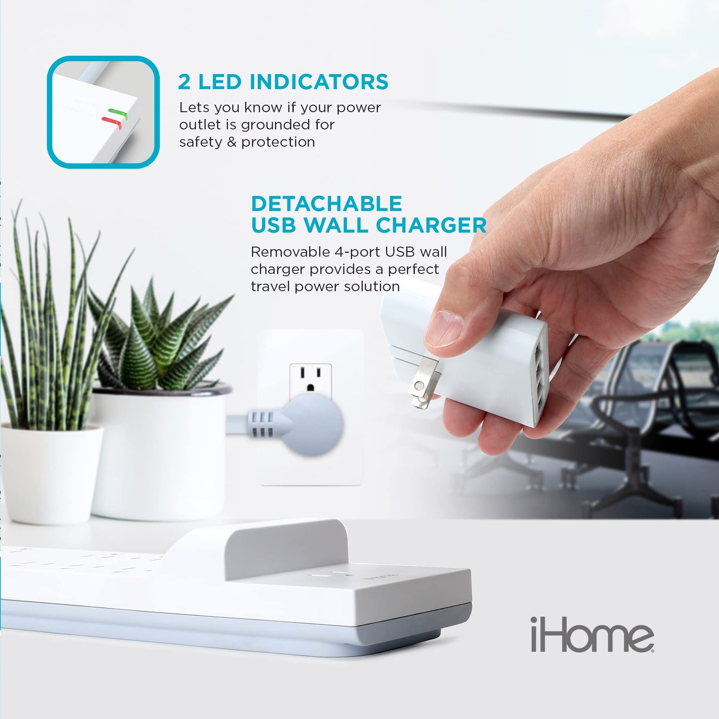 iHome Power Strip Surge Protector & Slim USB Wall Charger Bundle: Detachable 4 Port AC Pro USB Charger & 6 ft Extension Cord Multi Plug Outlet