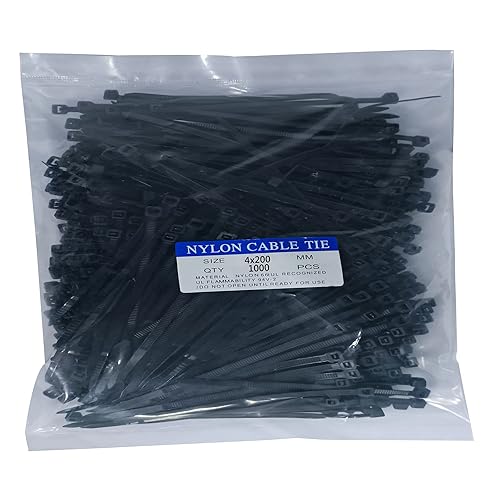 Miwutz 1000 pcs 8 inch Black Nylon Self-Locking Cable Ties, 40 LBS Tensile Strength, UV Resistant, Waterproof