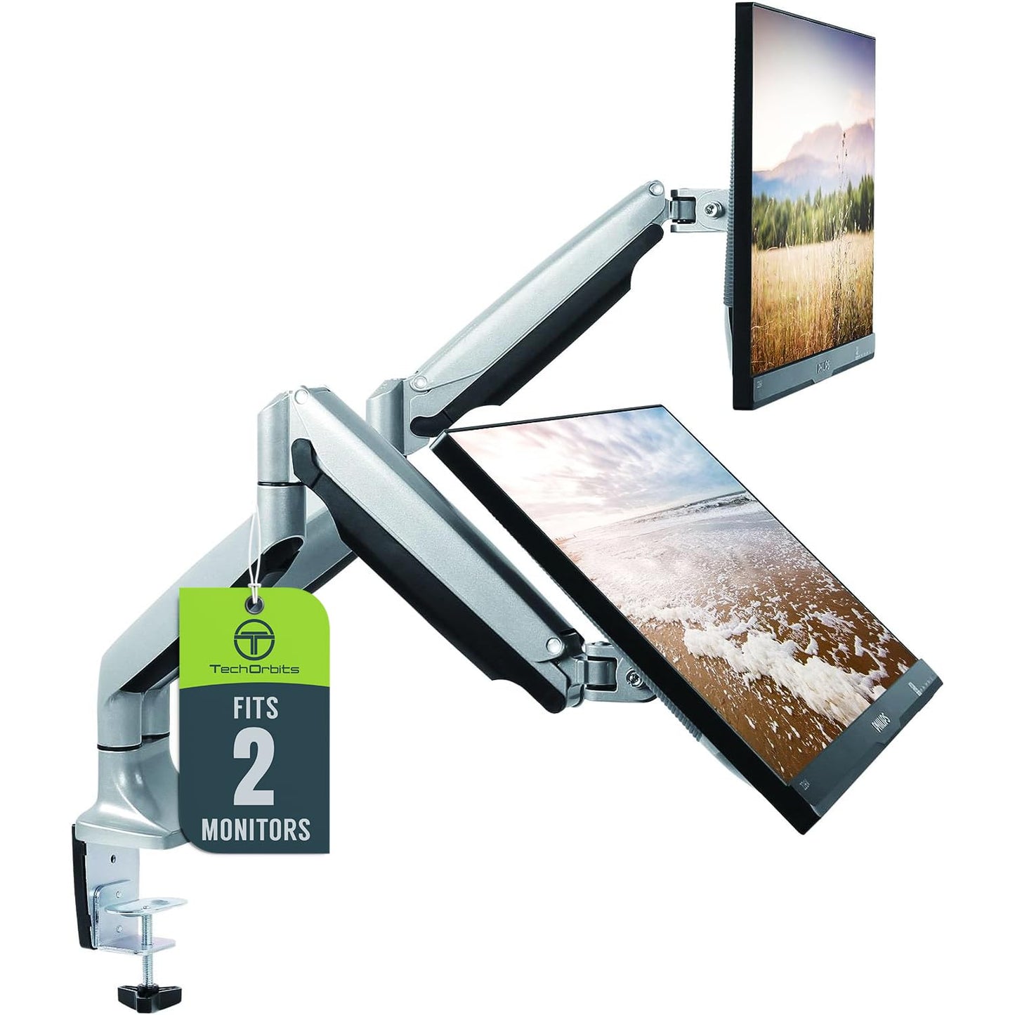 TechOrbits Universal Desk Mount for Dual Monitor - Fits Two 13-30" Monitors with Swivel & Clamp