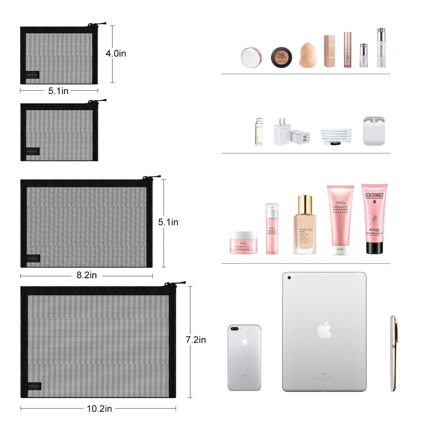 EASYFUN 4PCS Mesh Makeup Pouch – Zipper Cosmetic Organizer Bags for Women, Travel Toiletry Pouches for Small Items, Black Set