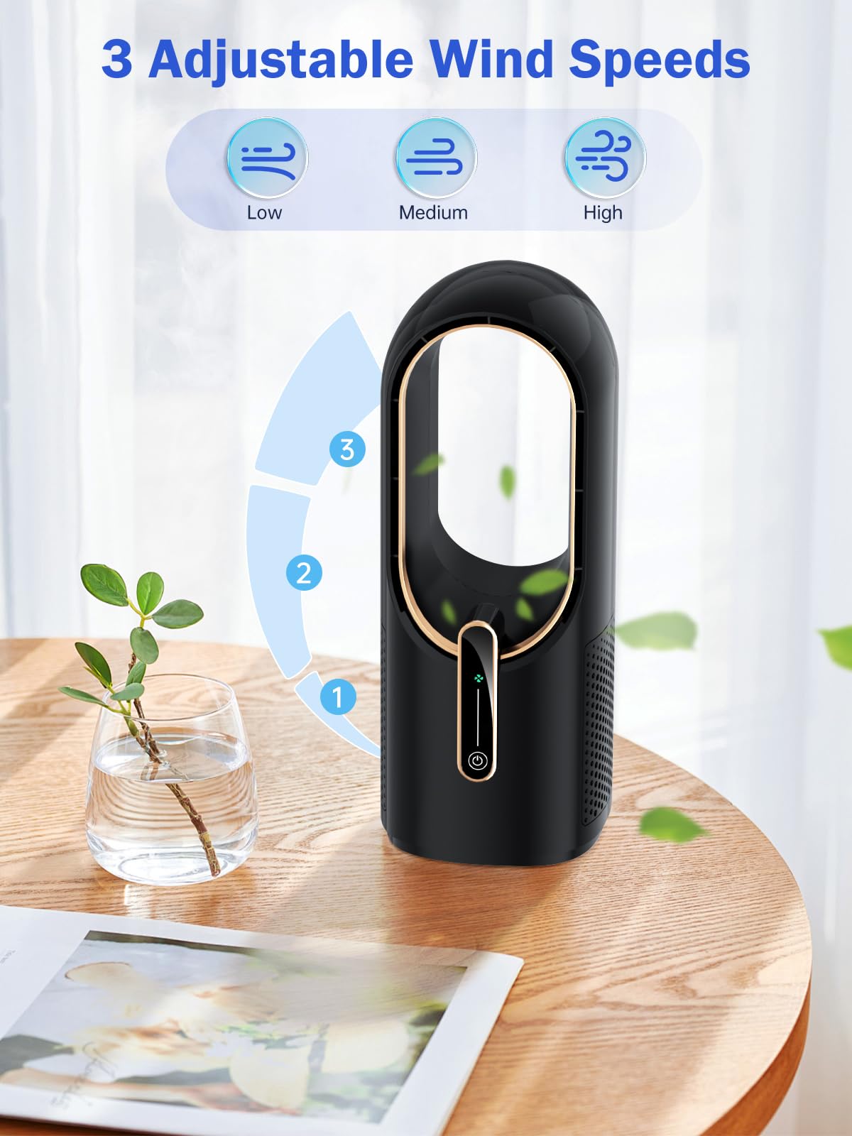 Misby Desk Fan for Bedroom, 11.8 Inch Portable Bladeless Fan, Small Rechargeable Table Fan, 3 Adjustable Speeds, Touch Control, Easy to Clean, Quiet