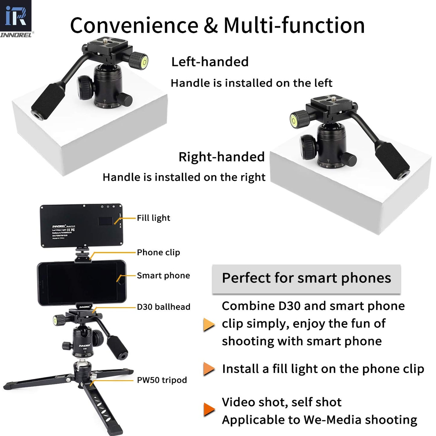 D30 Panoramic Ball Head with Handle All Metal CNC Ballhead Camera Mount INNOREL Tripod Heads with Two Quick Release Plates and Phone Clip for Monopod