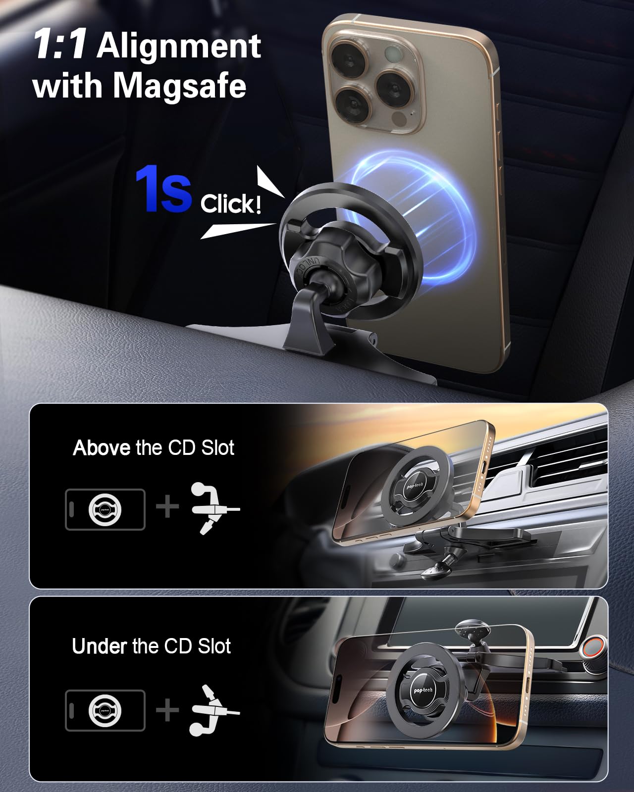 pop-tech for MagSafe CD Slot Car Phone Holder, [Built-in Steel Plate] Universal Magnetic CD Player Cell Phone Mount, Adjustable Magnet CD Cellphone
