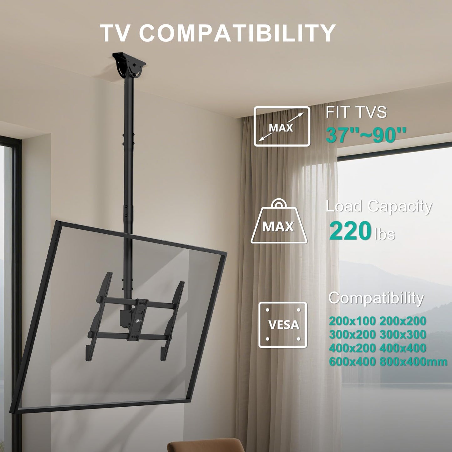 WALI Ceiling TV Mount for 37-90 Inch TVs, Extra Long Arm Ceiling Mount TV Bracket, Telescoping Height Adjustable Hanging Pole TVs Ceiling Mount, Holds