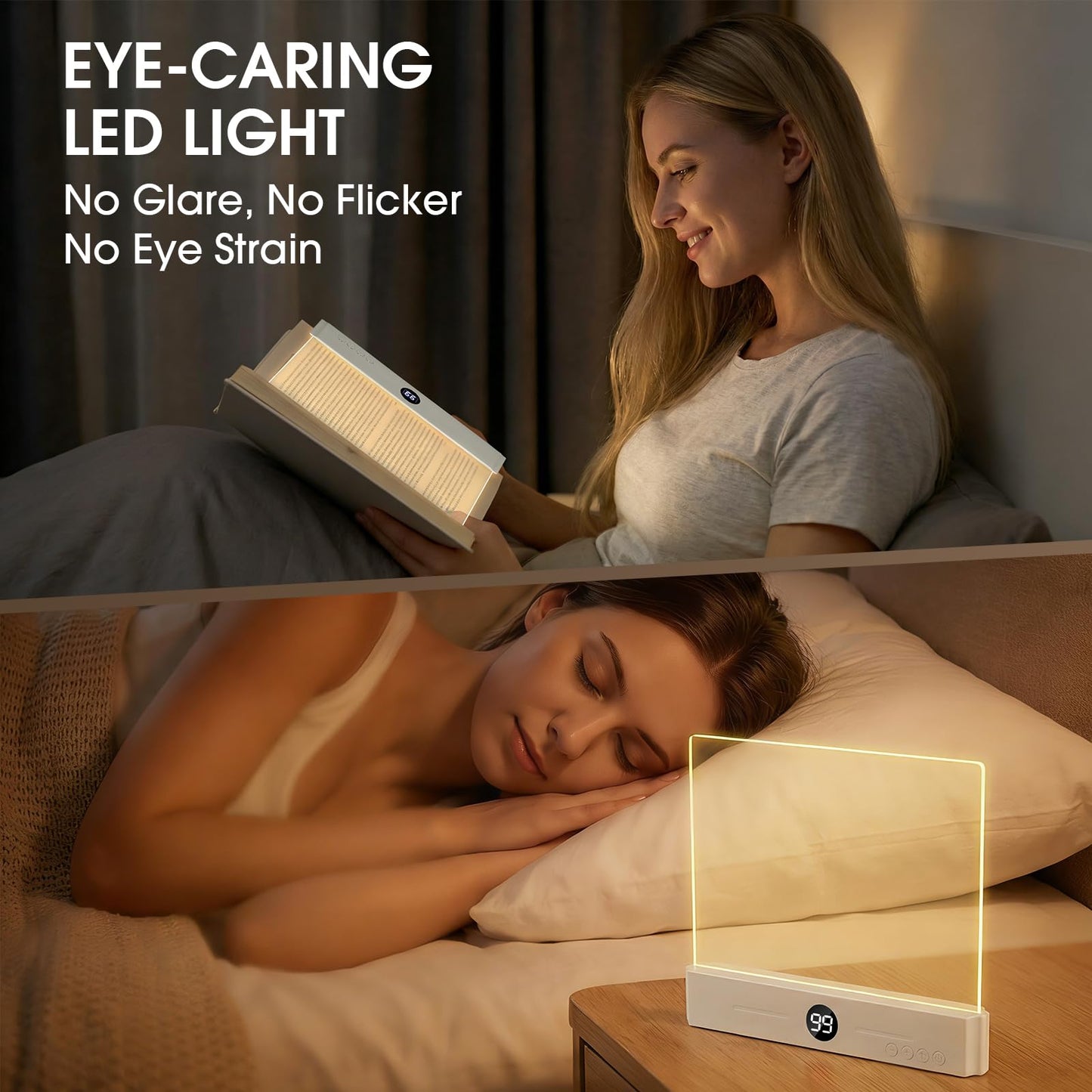 LED Book Light for Reading in Bed, Rechargeable Full Page Flat Panel Book Lamp, Eye Care Reading Light with 3 Color Modes, Stepless Dimming & Timer